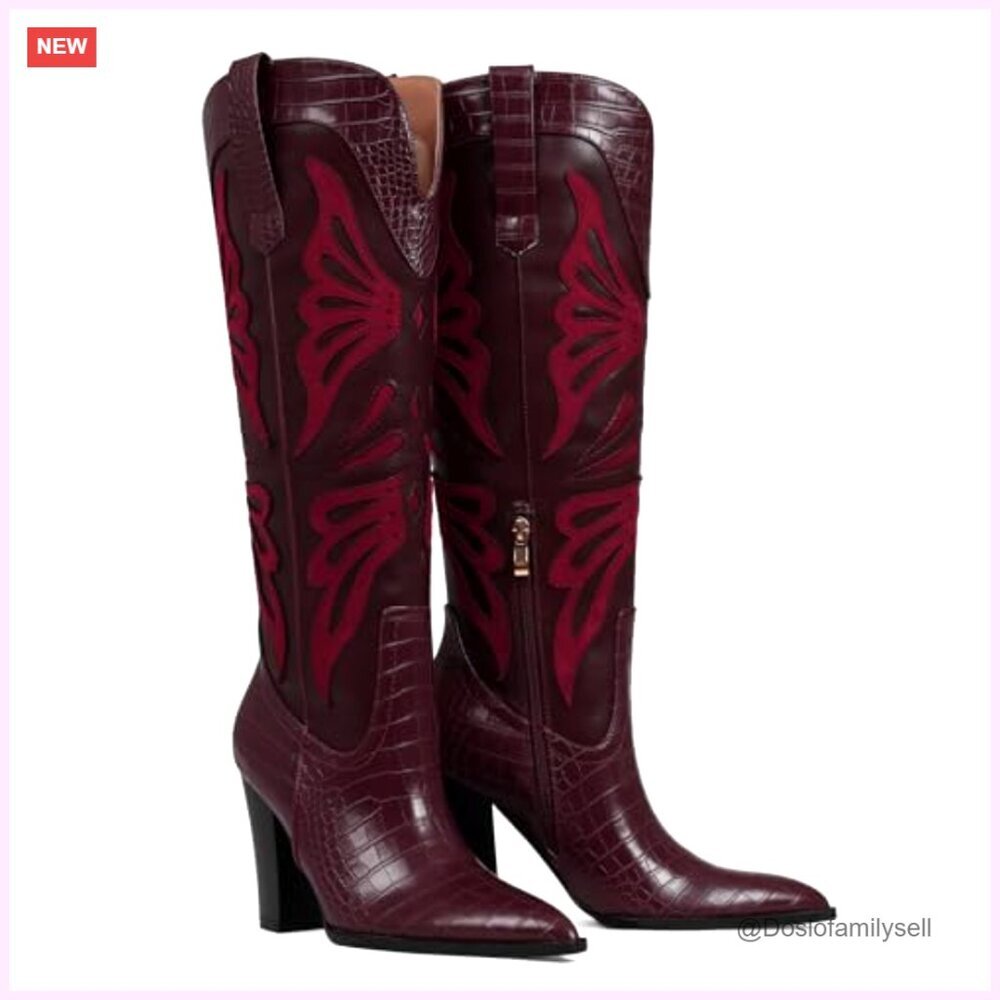 Women's Knee High Cowboy Boots Pointed Toe Chunky Heel Butterfly Embroidery - Picture 4 of 7